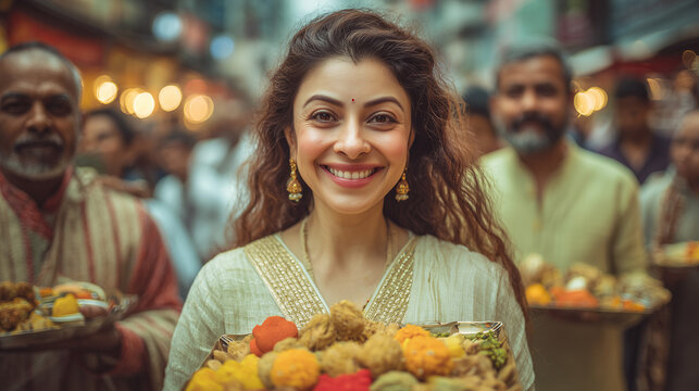 Woman celebrates Sita Navami with fruits and people in a festive street
