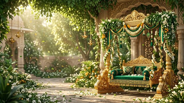 Premium Hariyali Teej festival golden jhula swing decorated with green velvet cushions, fresh floral garlands and ornate details in beautiful traditional garden.