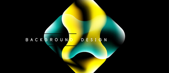 Naklejka premium Abstract fluid shapes, yellow, teal gradients. Modern design element over black background. Text reads background design.