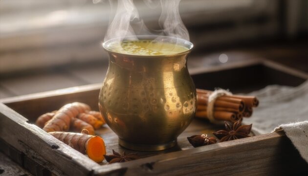 Traditional Indian turmeric milk known as Haldi Doodh served hot in a brass cup with raw spices
