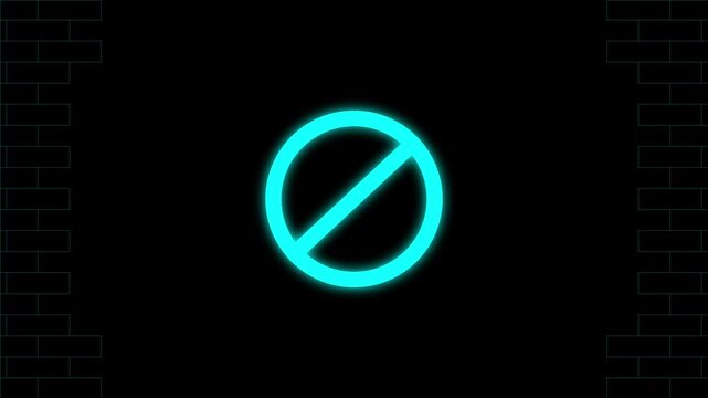 Bright cyan neon prohibition sign centered on a dark black brick wall background for digital warning and restricted access concepts and signage