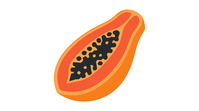 Bright papaya slice vector illustration with orange flesh, black seeds and smooth flat shading, tropical fruit icon on clean white background for juice menus, packaging, stickers and healthy eating