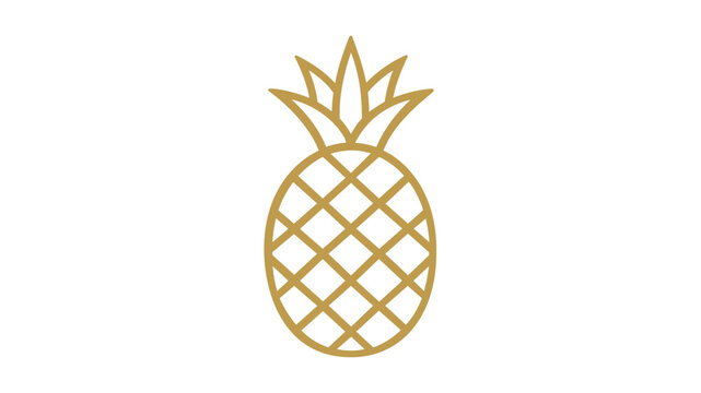 Golden outline pineapple vector icon with clean lattice lines and leafy crown on white background, minimalist tropical fruit illustration for menus, packaging, stickers, wellness brands, and summer