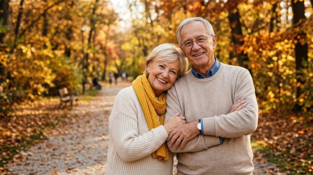 Senior couple embracing on a path in an autumn forest with golden yellow leaves and sunlight