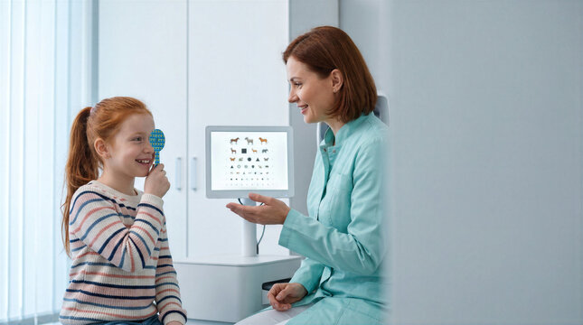 Child laughing during pediatric vision screening with animal-shaped device. Friendly optometrist uses playful equipment in eye clinic.