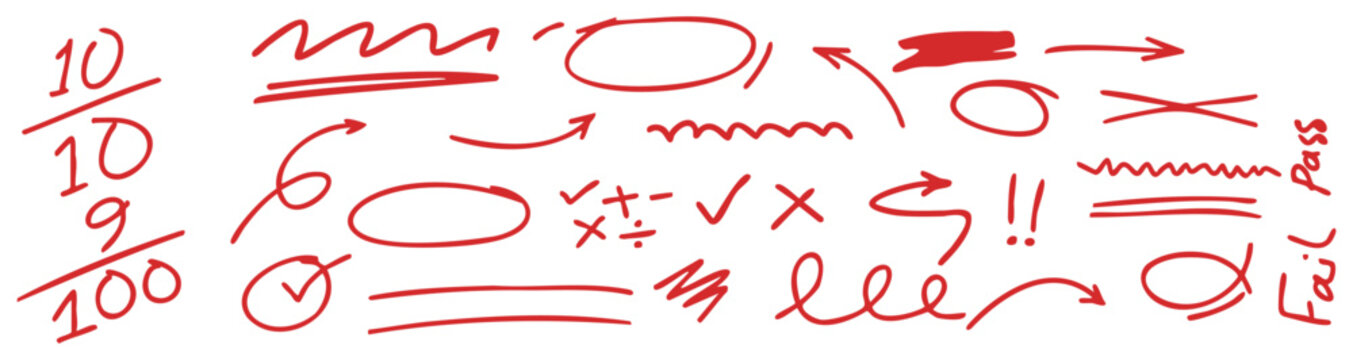 Red hand-drawn teacher grading marks, arrows, checkmarks, and correction symbols set