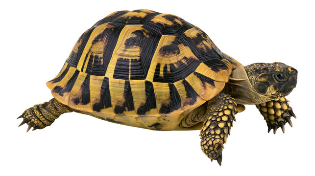 Tortoise with yellow and black patterned shell and scaly legs