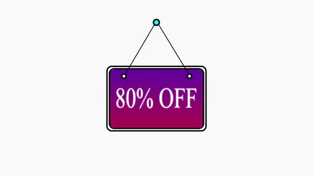 A rectangular hanging sign with a purple to red gradient background displaying the text 80 percent off in white letters isolated on white background