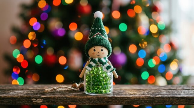 Wooden elf figurine in a glass jar filled with green beads, blurred christmas tree background