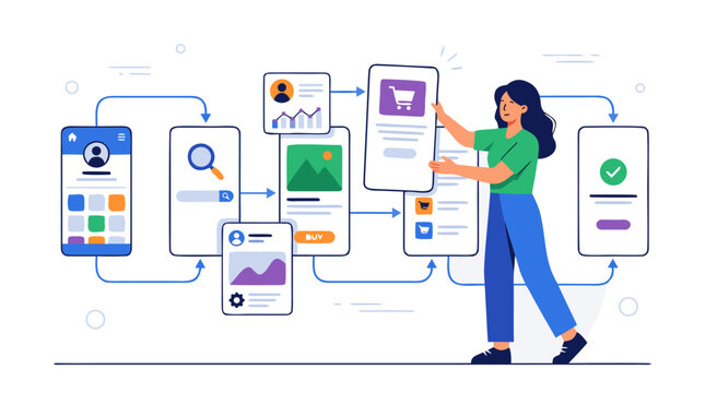 UX designer arranging floating app screens into a connected user journey, ecommerce flow, search, profile, analytics and checkout interfaces linked by blue arrows vector illustration