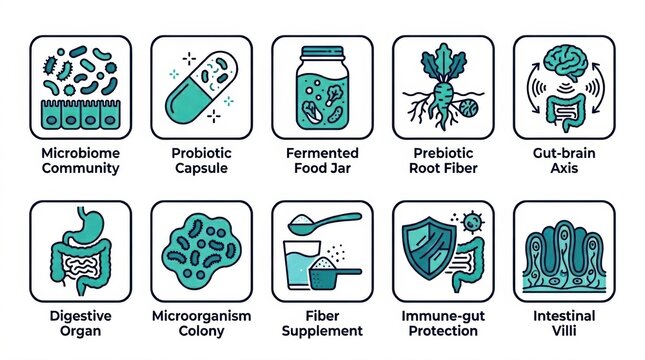 Visual elements showcase key aspects of metabolic health, glucose monitoring tools, and microbiome-related technologies for wellness.