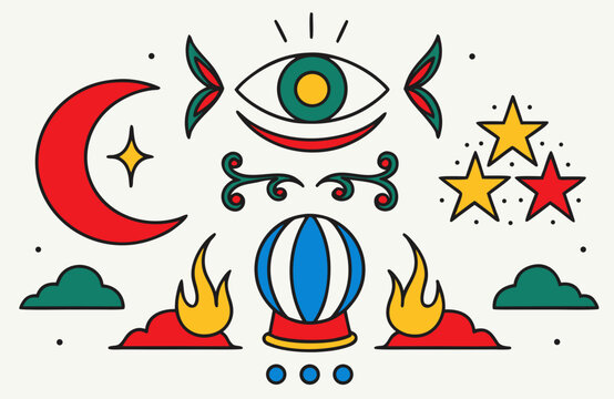 Retro tattoo set with mystic eye, crescent moon, star, crystal ball and fire flame elements. Oldschool flash collection in colorful flat style. Vector illustration for design