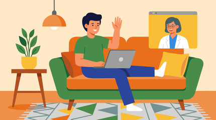 Fototapeta premium Cheerful flat vector illustration of a relaxed male patient waving hello during a telemedicine video consultation with a friendly female doctor on laptop from a comfortable living room sofa.