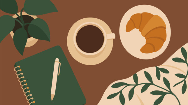 Cozy coffee flat lay with buttery croissant, green notebook, pen and houseplants on warm tabletop, elegant vector breakfast workspace for journaling, planning and relaxed cafe inspiration