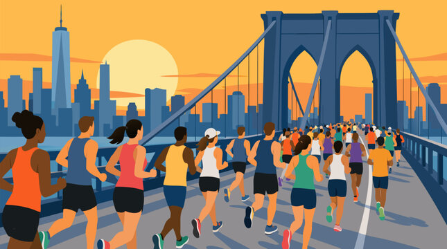 Marathon runners stream across an iconic city bridge at golden sunrise, with skyline silhouettes, energetic crowd movement, endurance fitness, urban race day excitement, and vibrant vector style