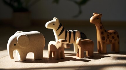 Obraz premium A row of wooden toy animals including elephant zebra giraffe and small figures standing on a sunlit wooden surface