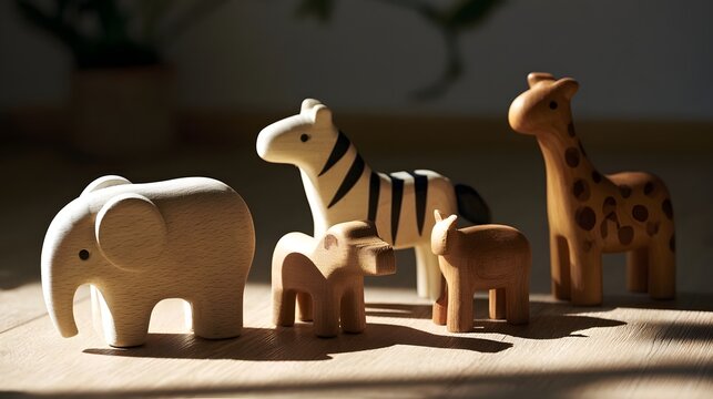 A row of wooden toy animals including elephant  zebra  giraffe and small figures standing on a sunlit wooden surface