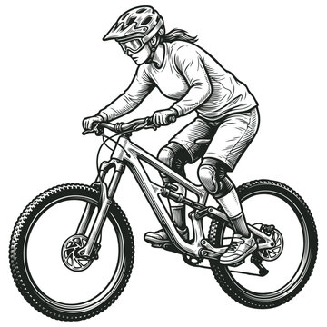 Vector engraving illustration of a female cyclist riding a mountain bike. Vintage monochrome extreme sport art isolated on a white background.