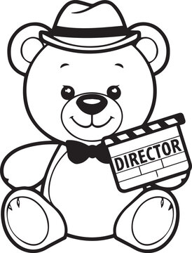 A charming teddy bear, dressed in a fedora and bowtie, sits attentively, holding a director's clapperboard, ready to capture the magic of filmmaking.