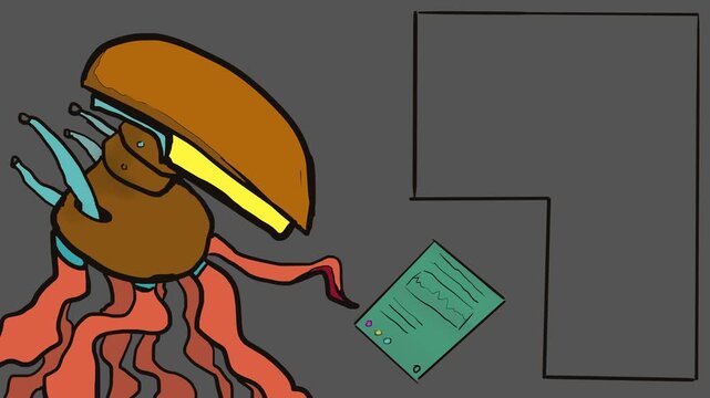 An alien space robot uses its tentacle to press buttons on a virtual screen, controlling something. There's a frame nearby for inserting information or text.
