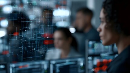 Obraz premium A person views digital interface overlays while colleagues work in a tech focused environment with glowing screens and abstract grid patterns