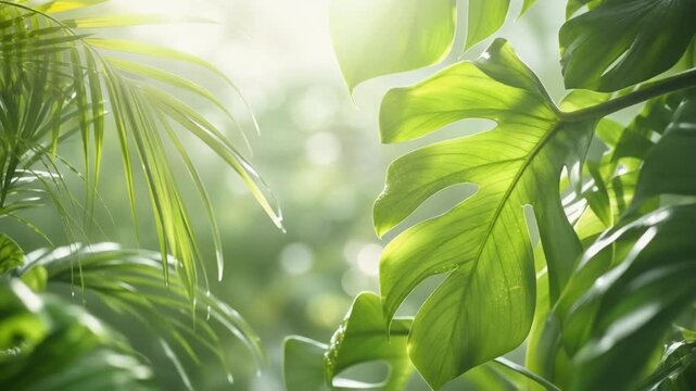 Close-up of vibrant green tropical leaves with sunlight filtering through