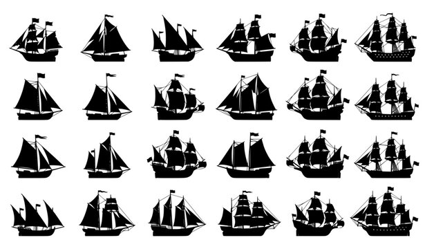 Old Wooden Ship Silhouette Pack with Pirate Boats and Classic Sailing Vessel Collection