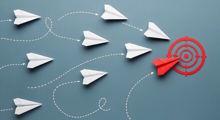 One red paper plane hitting target with white planes flying towards goal representing leadership and success © Wajid