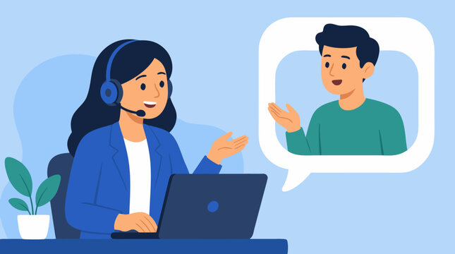 Friendly customer support agent with headset and laptop assisting a smiling client inside a speech bubble, illustrating help desk service, online consultation, communication, and responsive care