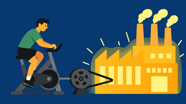 Man pedaling a stationary bike powers a glowing factory, renewable energy concept with belt driven generator, bright industrial building, fitness, sustainability and human power vector illustration