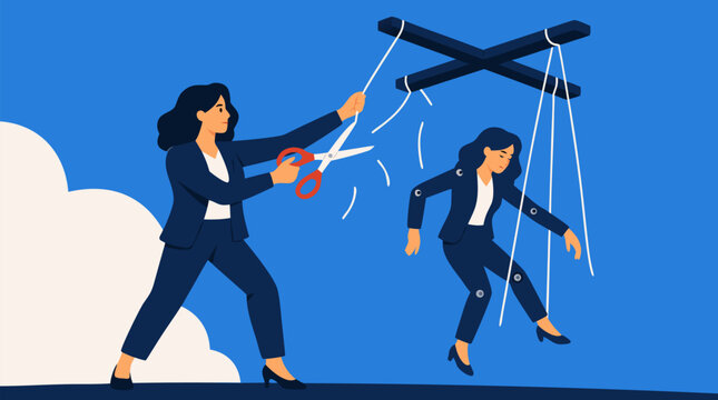 Businesswoman cutting puppet strings from giant marionette version of herself, bold vector metaphor for autonomy, empowerment, career control, breaking manipulation and escaping workplace constraints