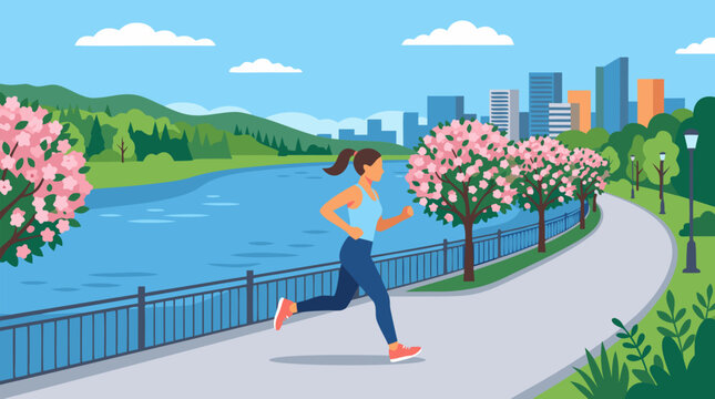 Athletic woman jogging beside a riverside promenade lined with blooming pink trees, city skyline, railings and green hills, fresh outdoor fitness, wellness and spring lifestyle vector illustration