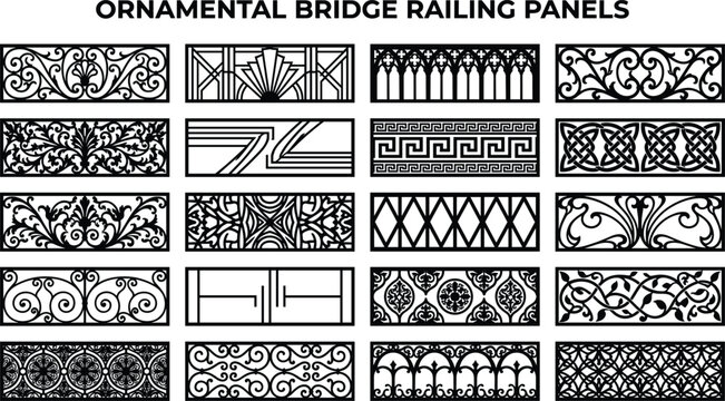 Ornamental Bridge Railing Panels and Decorative Balustrade Patterns Silhouette Vector Icons Set