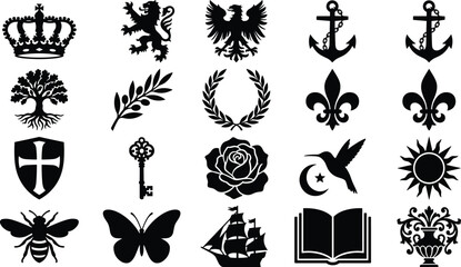 Traditional Heraldic Symbols and Classic Emblems Silhouette Vector Icons Set © MdAbulkalam