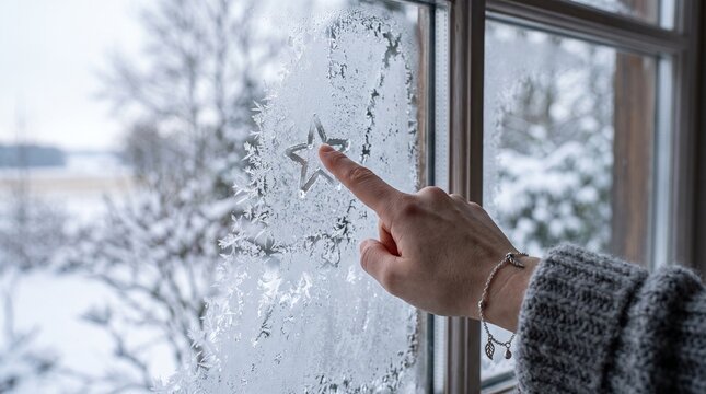 Drawing a star with a fingertip on a frozen window pane during a cold winter day in a cozy home