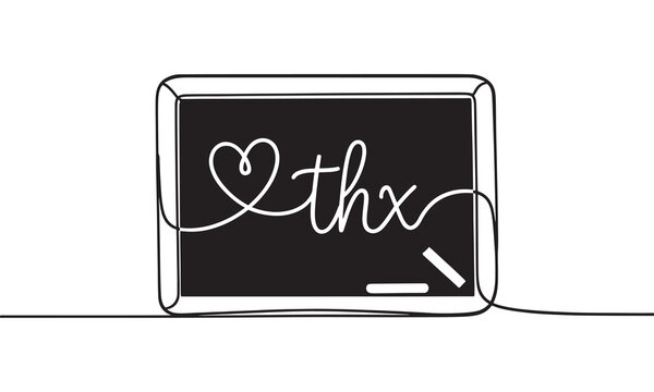 Continuous single line of a chalkboard featuring the handwritten text thx and a heart symbol, isolated on a white background, minimalist black and white