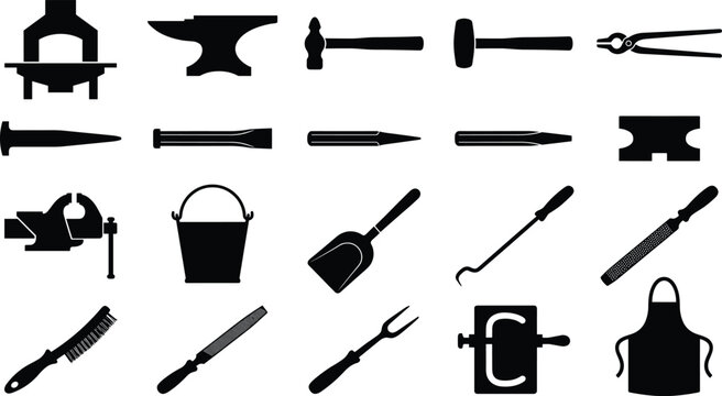 Blacksmith Tools and Forging Equipment Silhouette Vector Icons Set