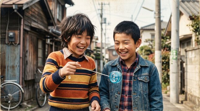 昭和の日本人小学生：小学生男子二人が、楽しそうにヨーヨー遊びをして笑い合う仲良し友達バストアップポートレート
