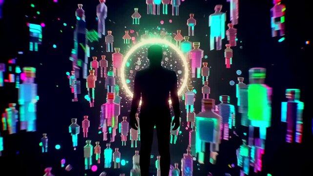 User walks into populated metaverse portal surrounded by floating avatars and neon icons, passing through glittering circular gateway into dense virtual community immersive social network