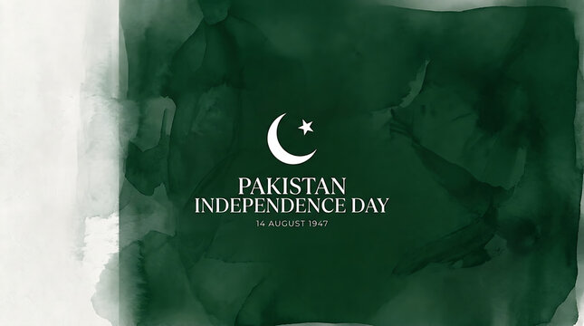 Green abstract background with crescent and star in white, independence day of Pakistan