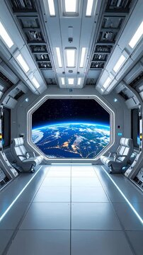 Futuristic spaceship interior with large observation window overlooking the glowing planet earth from orbit