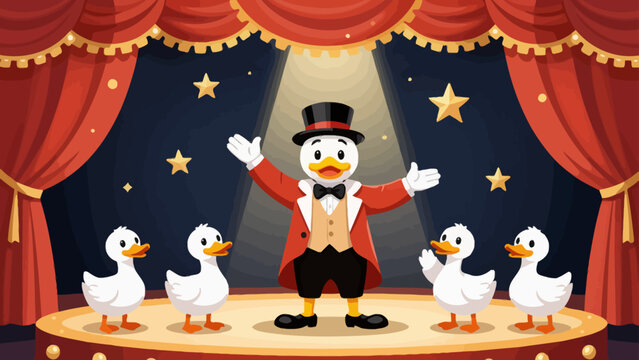 a vector illustration of a clown duck performing on stage with four white ducks under red curtains and stars