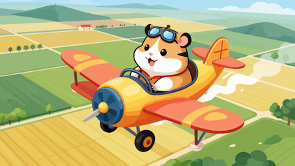 Happy hamster flying in a colorful biplane over a vibrant countryside landscape with vector © MdAzizulHaque