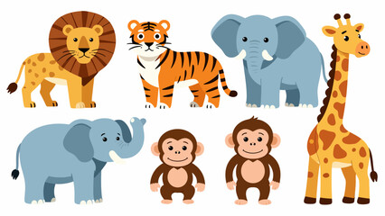 vector collection of diverse wildlife animals including lion tiger elephant giraffe monkey and chimpanzee © MdAzizulHaque