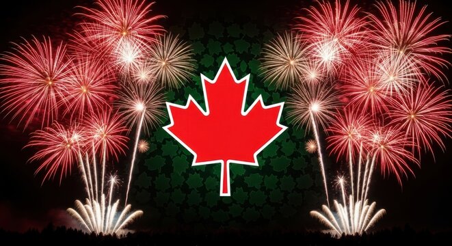 Red letter M logo with fireworks and city skyline background vector illustration