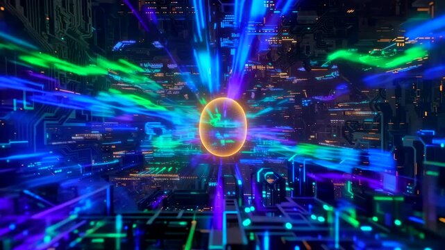 Pulsating data core in neon circuit core streaming beams packets racing through luminous conduits quantum flux envelops glowing orb highenergy network hub intense motion deep perspective