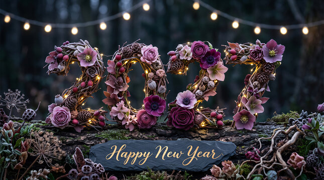 Happy New Year 2027 Celebration, Floral 2027 numbers with blooming flowers fairy lights festive holiday vector illustration