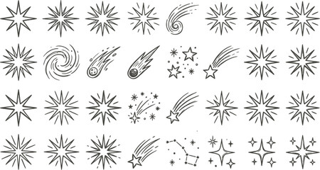 Hand drawn star icons and celestial sparkles set, black ink sketch of shooting stars and constellations, 28 vector elements for magic and space design © Zaingill