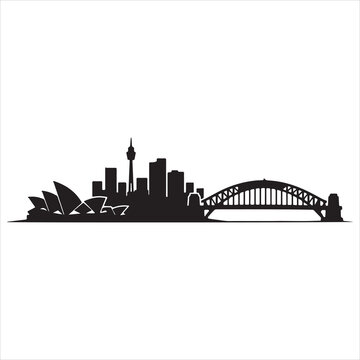 Silhouette of sydney&rsquo;s iconic landmarks and harbor bridge