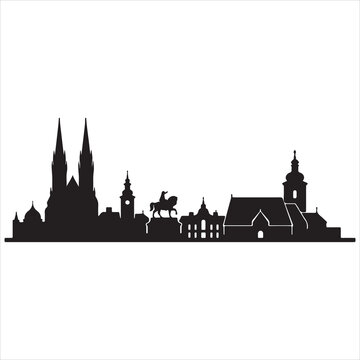 Silhouette of historic european city skyline with gothic cathedral and equestrian statue